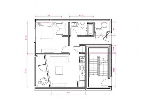 1  Bed   1  Bath   589 Sq. Ft. Liege II - South A7 1x1 Floor Plan at Expo at Forest Park, Missouri, 63112